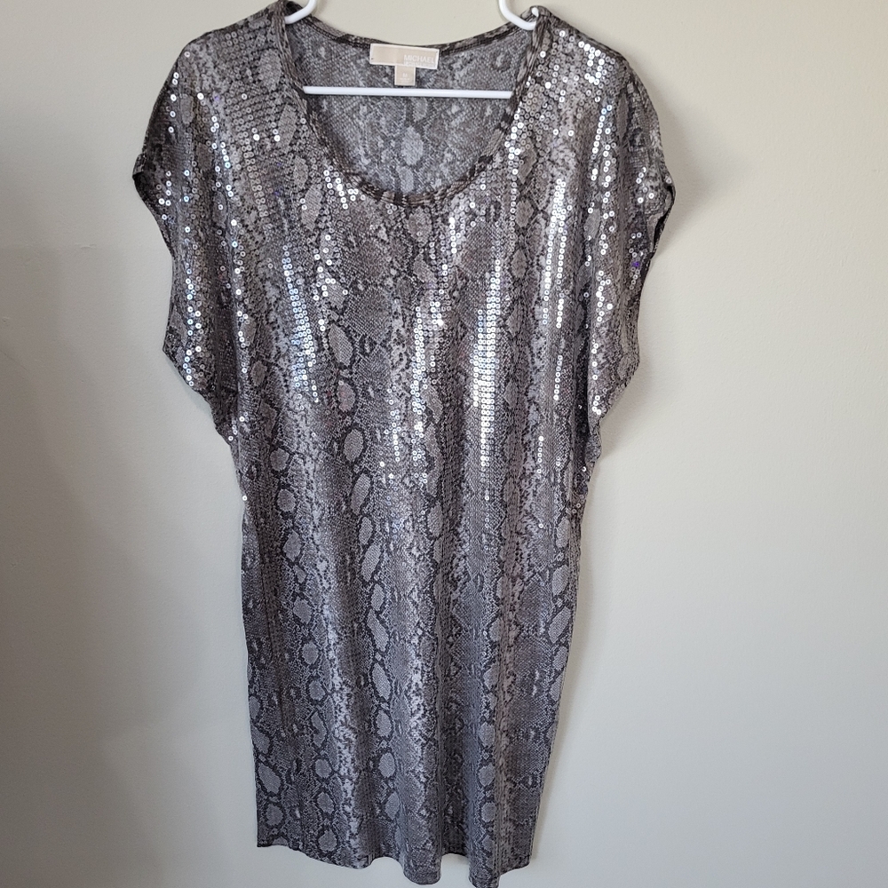 Michael Kors Snake Skin Print Sequin Gray Party Dress Size Medium